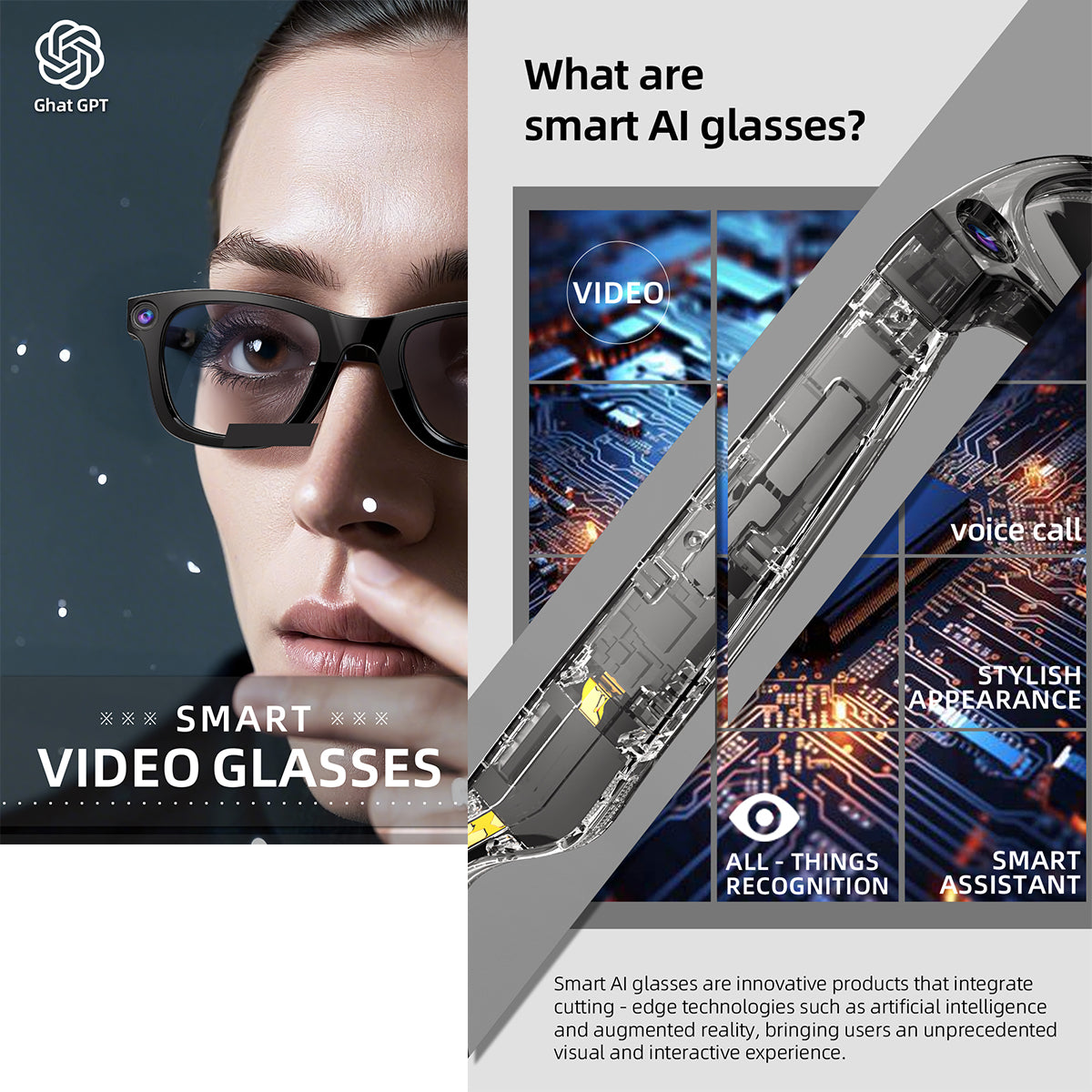 Smart Glasses AI Translation 1080P HD Camera