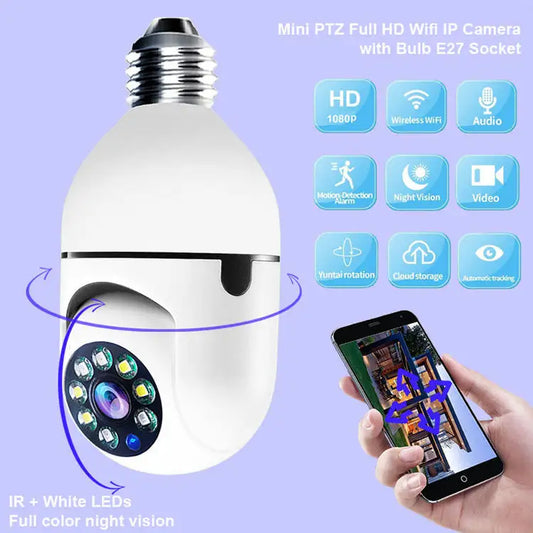 ABE HD 1080P night vision bulb camera indoor automatic tracking security baby 90 degree 360 degree camera PTZ WiFi bulb camera